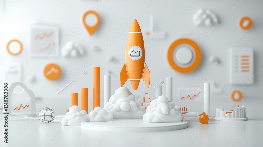 Poster futuristic 3d render of a smooth and sleek rocket launch against a backdrop of digital analytics dat