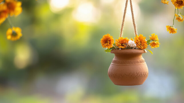 Janmasthami decorated clay pot hanging from a rope