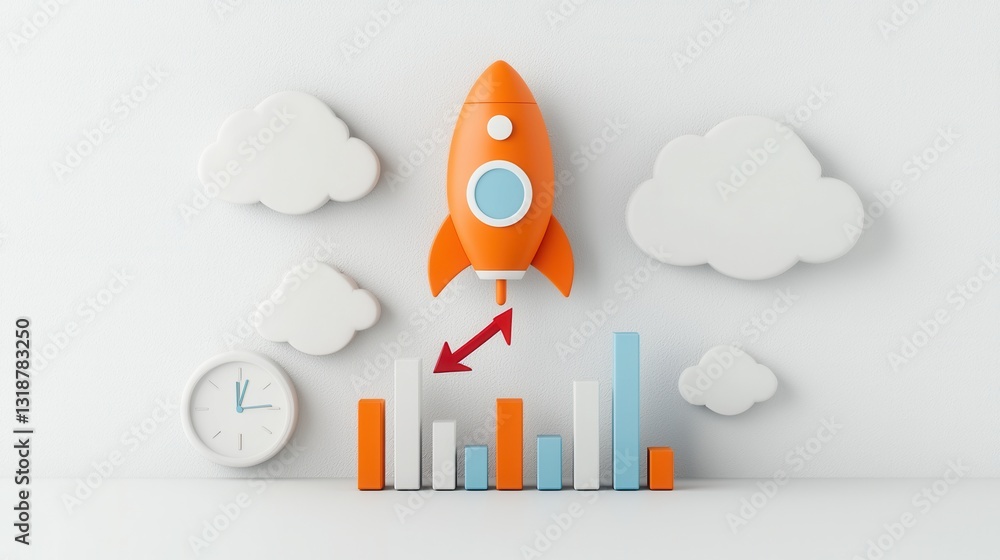 Poster successful business visualization with rocket launch and data analytics representing growth progress