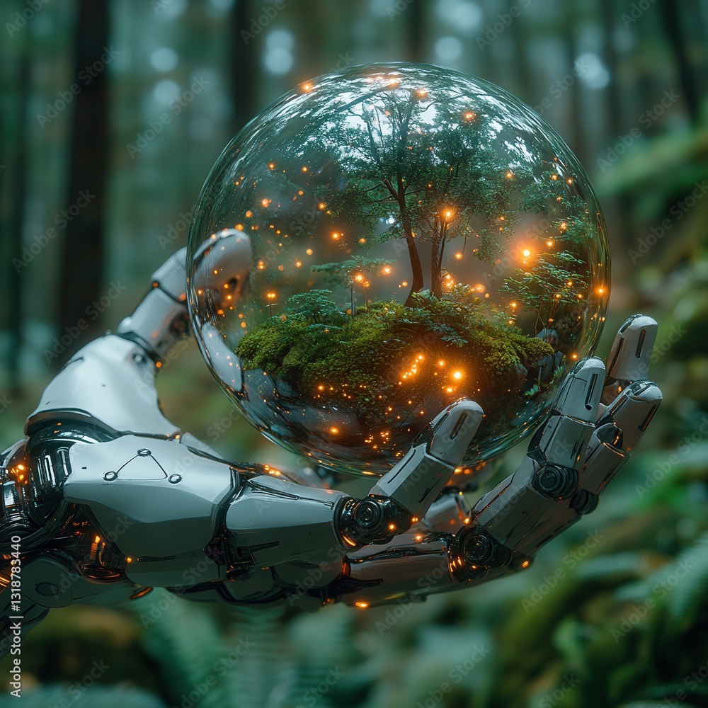 Poster futuristic robotic hand holding a captivating glowing sphere suspended in an enchanted forest settin