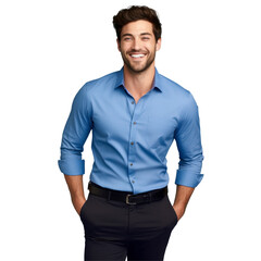 Fototapeta premium A man in a blue shirt and black pants is smiling isolated on transparent background