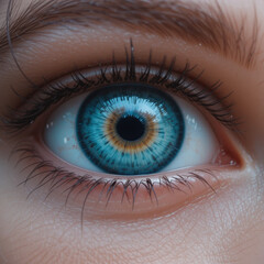 Fototapeta premium Extreme close up on blue eye with yellow iris, eyeball, eyelash, eyebrow and skin are in clearly detail, eye are curious looking and has strong feeling