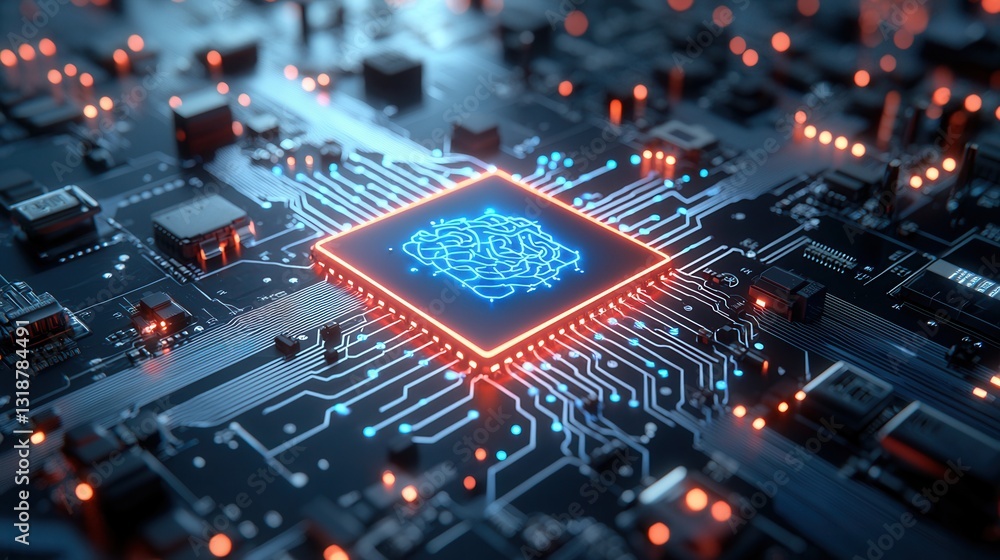 Poster highly detailed 3d of an ai powered futuristic computing system featuring a translucent circuit boar