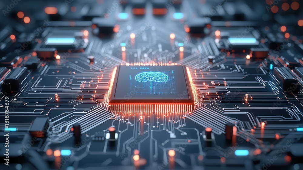Poster futuristic ai powered computing system with a translucent circuit board and glowing patterns of ligh