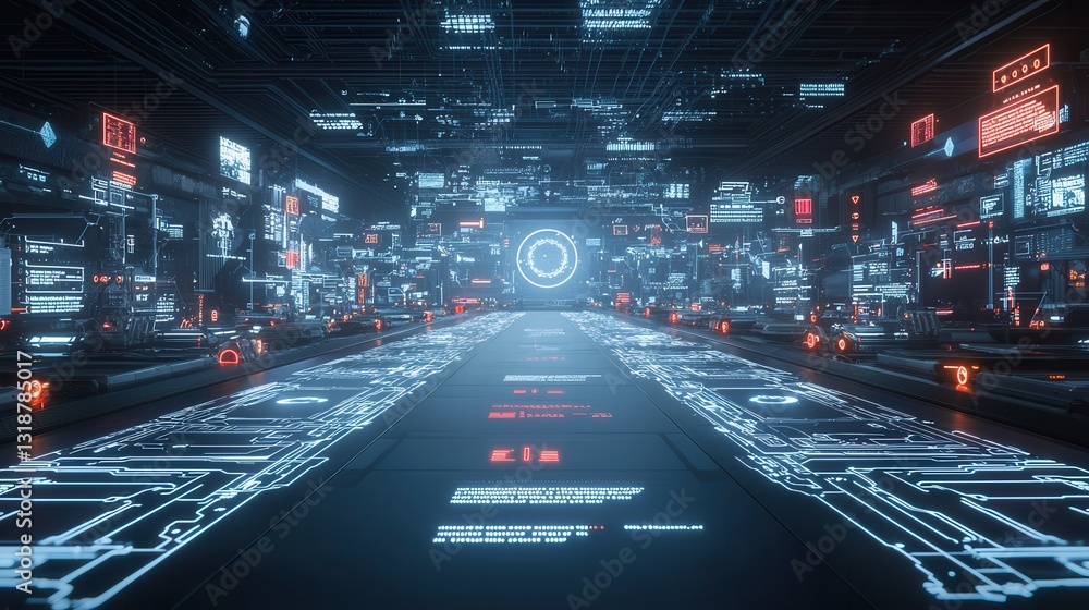 Poster futuristic cityscape with a glowing neon lit urban landscape and a complex digital networking infras