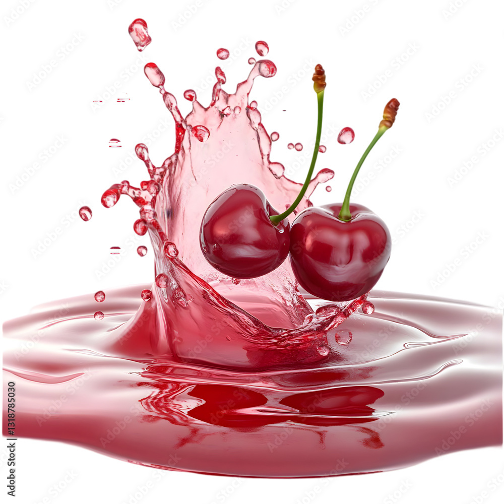 Poster fresh cherries splashing in a vibrant red liquid, capturing the essence of summer and refreshing fla