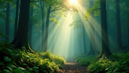 Obraz premium Sunlight filters through mist and fog in forest, forest, green