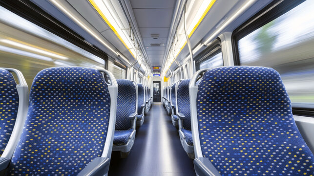 Interior view of modern train carriage with empty blue patterned seats