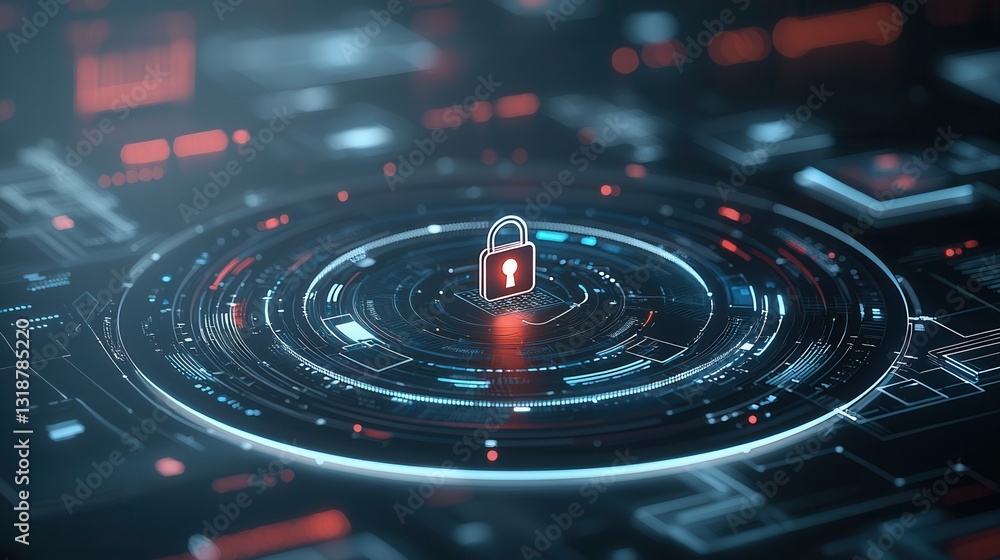 Poster futuristic cybersecurity depicting a central glowing digital security interface with various technol