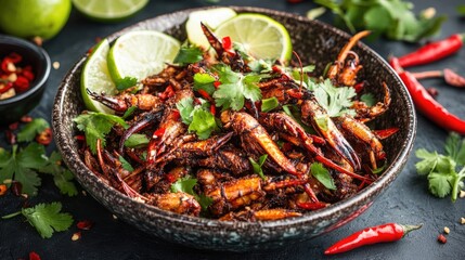 Crispy Fried Crickets with Fresh Herbs and Spicy Chili Garnish in a Dark Bowl