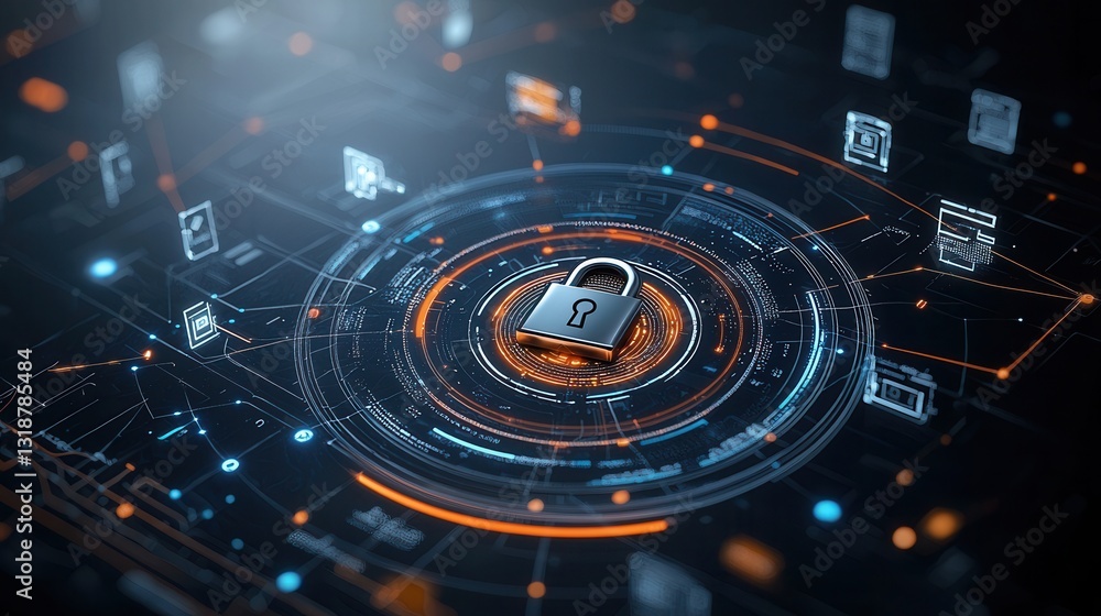 Poster futuristic cybersecurity featuring a glowing digital lock at the center of a dynamic pulsing circula