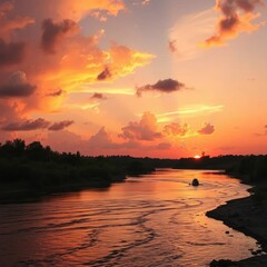Obraz premium Softly glowing clouds drift across a serene red river landscape at sunset, natural scenery, peaceful, water