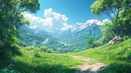 Fototapeta premium A vibrant, lush green landscape under a deep blue sky dotted with soft white clouds. Majestic mountains tower in the distance, offering a breathtaking 3D realism. 