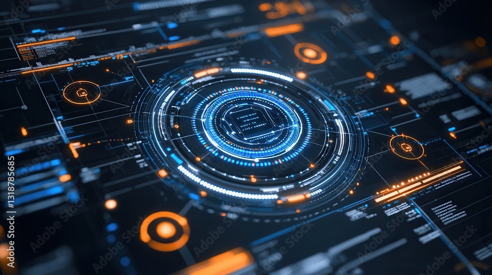 Poster futuristic digital defense visualization with a glowing holographic interface showcasing data inform