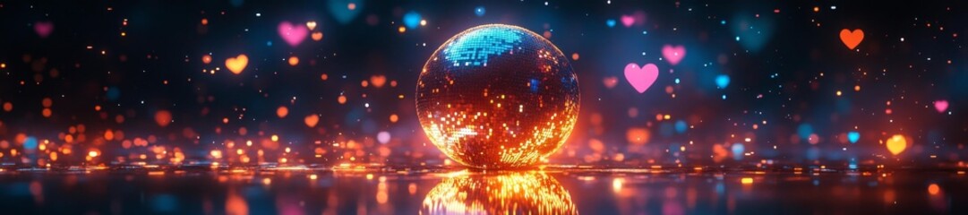 Obraz premium Neon Hearts and Stars Illuminating the Room with a Reflective Disco Ball. Generative AI