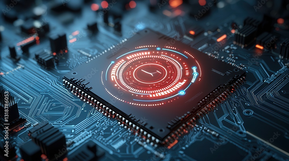Poster futuristic digital network representation showcasing advanced microchip intelligence and complex dat