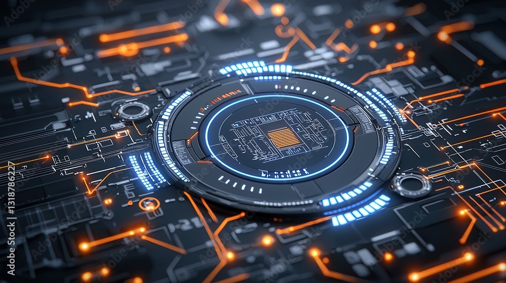 Poster futuristic digital defense visualization showcasing a complex circuit board inspired background with