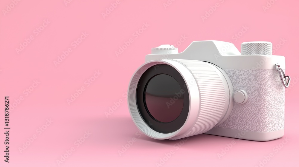 Poster soft minimalist 3d rendering of a camera on a pink background with subtle shadows and highlights
