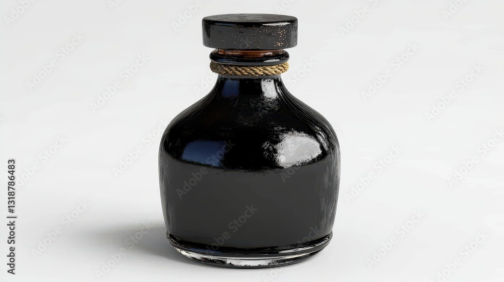 Poster minimalist 3d rendering of an elegant ink bottle with calligraphy cord and smooth black finish
