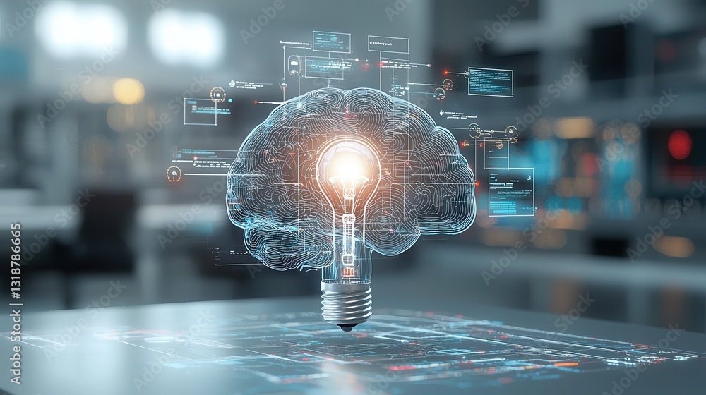 Poster sci fi inspired ai powered brain with intricate neural connections visualized in futuristic hologram