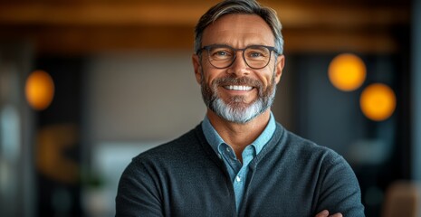 Fototapeta premium Man with glasses is smiling and posing for a picture. He is wearing a black sweater and a blue shirt