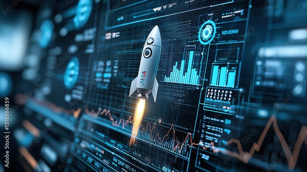 Poster futuristic technology driven business investment and finance analytics dashboard with rocket launch 