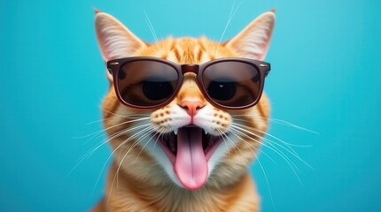 Naklejka premium Cool orange cat wearing sunglasses against blue background