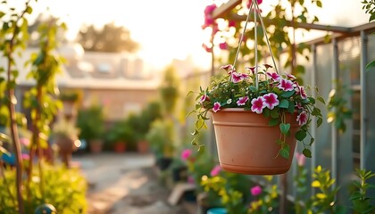Naklejka premium Vibrant Hanging Flower Pot with Pink and White Petunias in a Lively Garden at Sunset