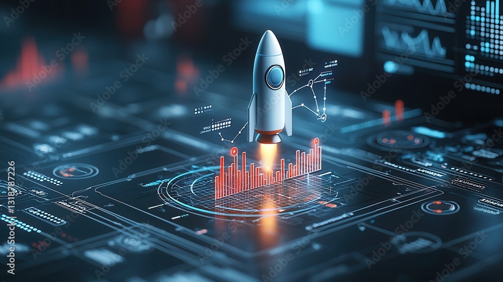 Poster sci fi inspired business investment theme with rocket launch and advanced data visualization dashboa
