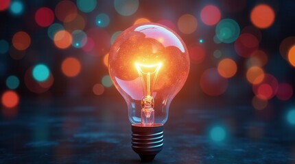 Creative glowing lightbulb against colorful bokeh background