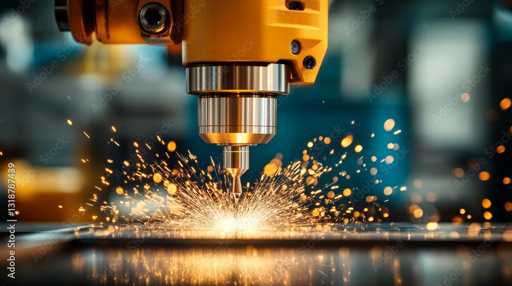 Poster machine is cutting through metal with sparks flying. the sparks are bright and intense, creating a s
