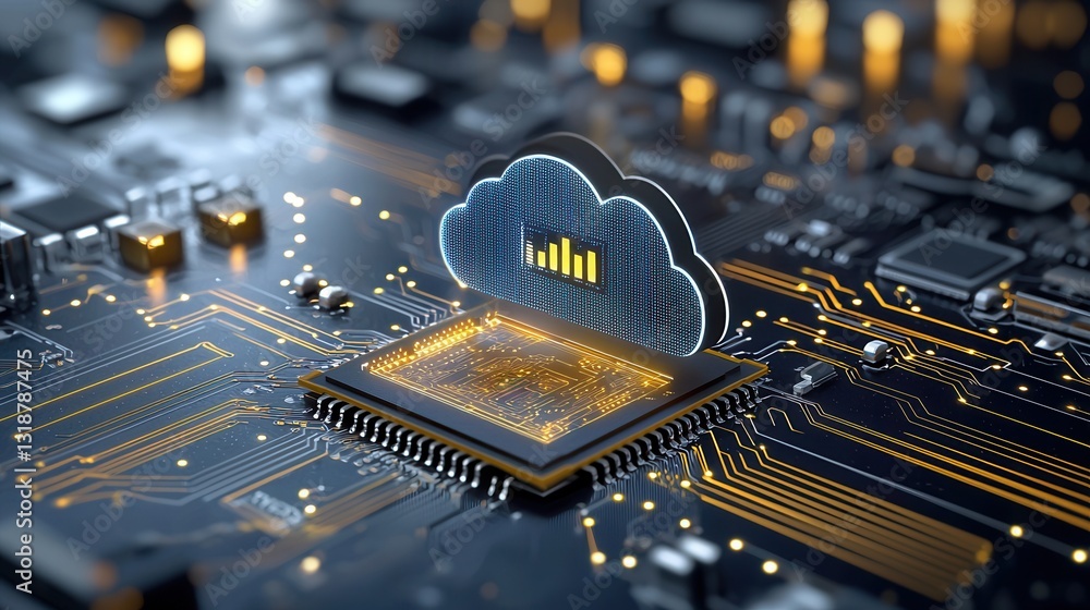 Poster sci fi inspired digital cloud technology concept with circuit board and futuristic elements represen