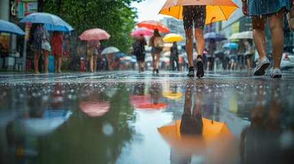 People stroll through a bustling city street on a rainy day, wielding bright umbrellas. Reflections shimmer on the wet pavement, adding an artistic charm to the lively scene