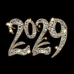 3d realistic glittery gold "2029" written in diamonds calligraphy, black background