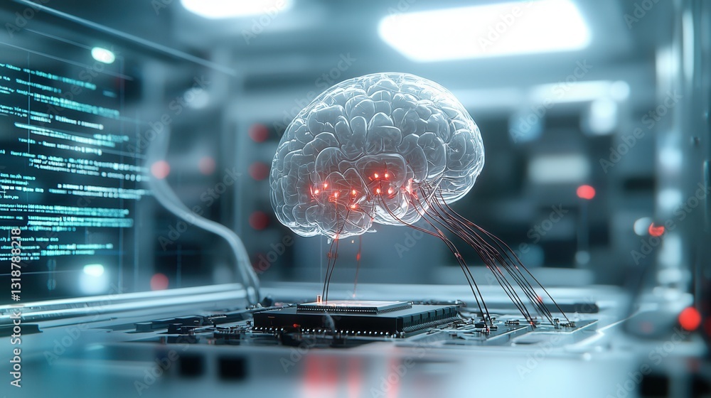 Poster futuristic brain visualization depicting advanced technological developments in intelligence cogniti