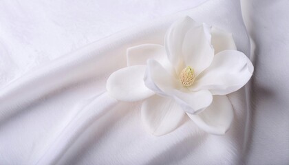 White Magnolia Flower on a Draped Soft White Silk Fabric