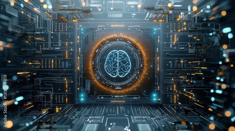 Poster futuristic intelligence powered brain visualization with a cyberpunk inspired aesthetic depicting a 