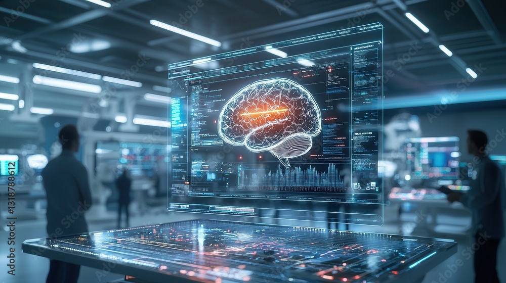 Poster futuristic digital visualization of a brain and neural network with a holographic data interface sho