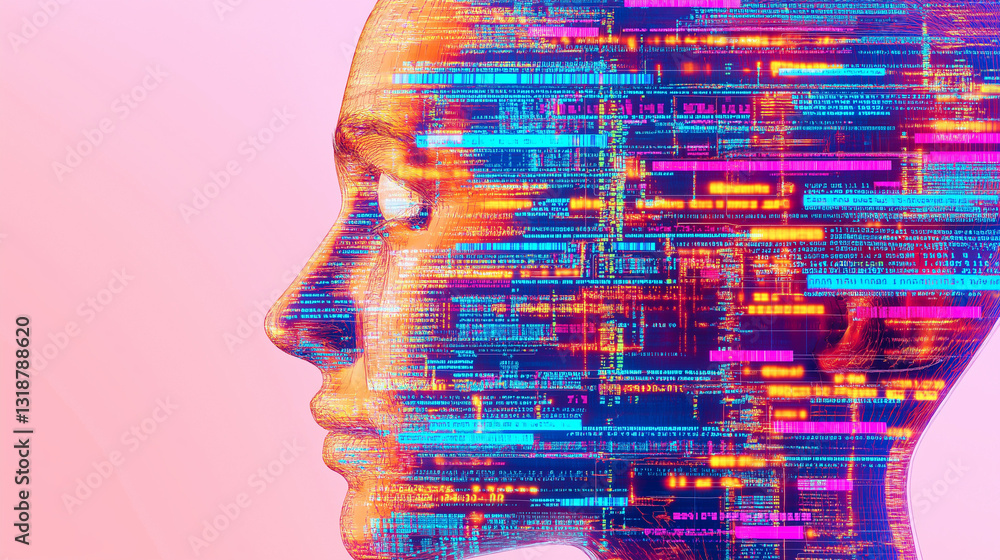 Poster digital mindscape: a captivating visual representation of the human mind merged with the complex wor