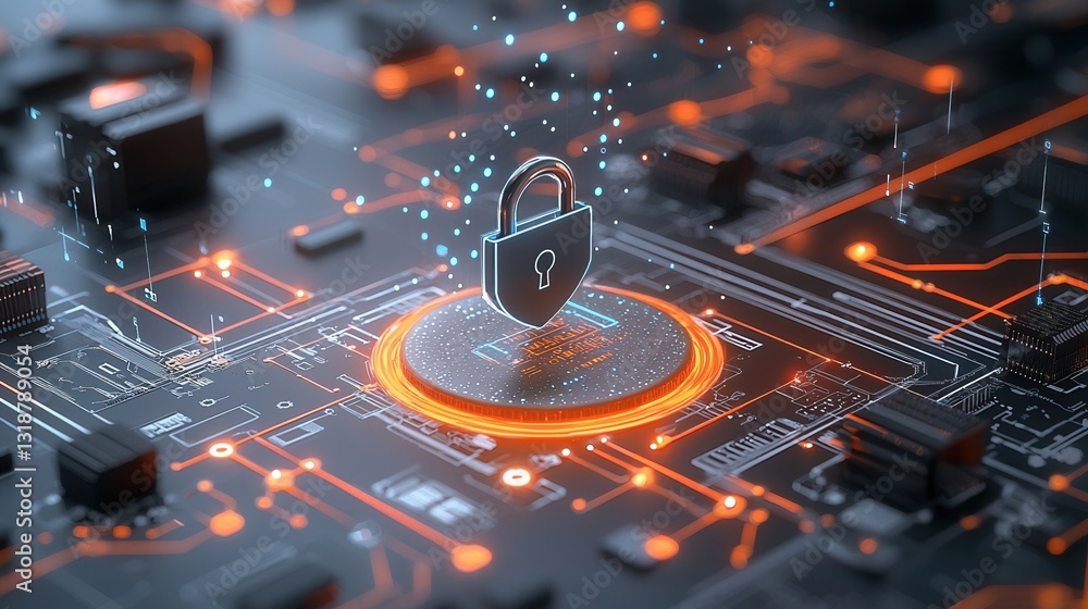 Poster sci fi inspired cybersecurity representation with digital lock and data encryption futuristic digita