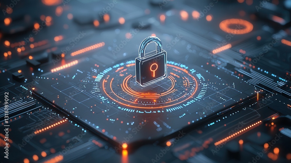 Poster futuristic digital security and cybersecurity concept with a lock icon representing the protection o