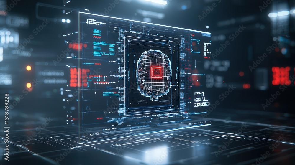 Poster a visually striking futuristic interface showcasing a cybernetic holographic data visualization syst