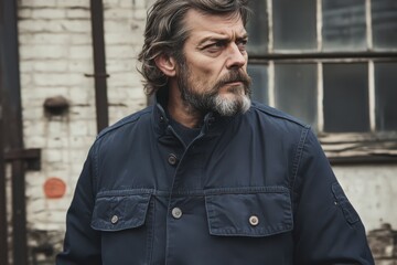 Obraz premium Portrait of a Mature Man in a Navy Blue Jacket Against a Grunge Brick Wall