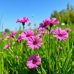 Fototapeta premium Pink dianthus flowers in a field with lush green grass and sunshine, green, flowers, blossoms