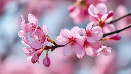 Obraz premium Pink cherry blossoms with morning dew glistening on their petals, branch, nature, spring