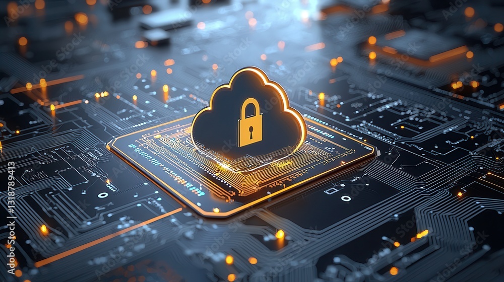Poster secure data storage and protection concept featuring a cloud lock icon on a futuristic digital circu