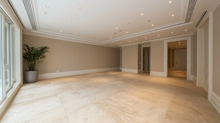 Large room with marble floors, potted plant, and bright recessed lighting