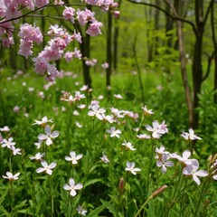 Fototapeta premium Pastel pink flowers blooming in a lush green forest, blossoming, spring, forest