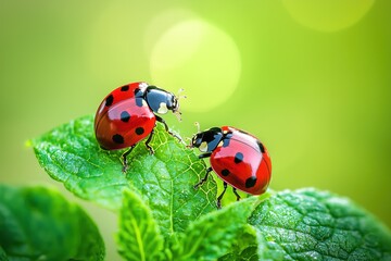 Fototapeta premium Close up macro shot of two ladybugs with red shells and black spots resting on a vibrant green leaf in a natural outdoor setting