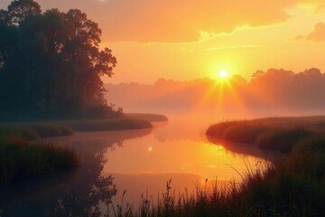 Obraz premium Misty fog slowly lifts from the marsh at sunset revealing the trees and water, sunlit, shadows